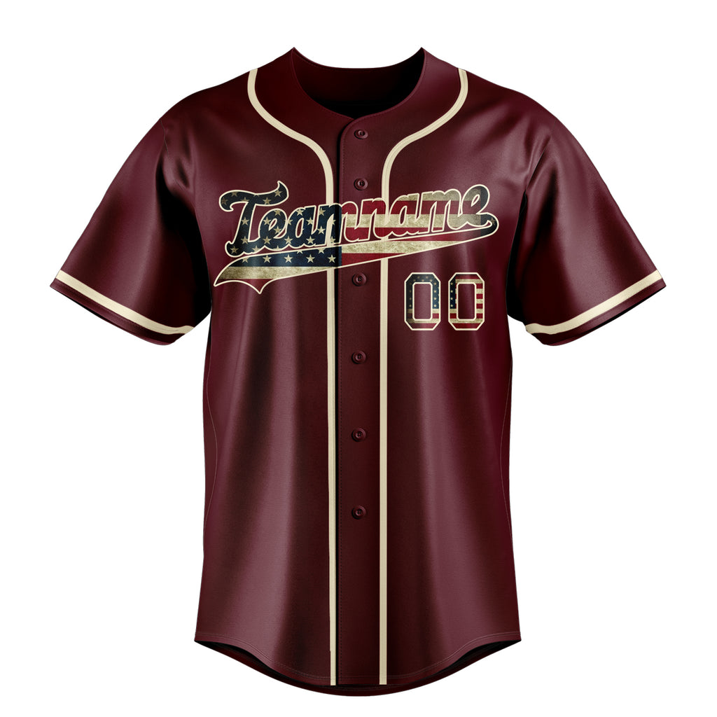 Personalized Burgundy & Cream Vintage USA Flag Fan Baseball Jersey