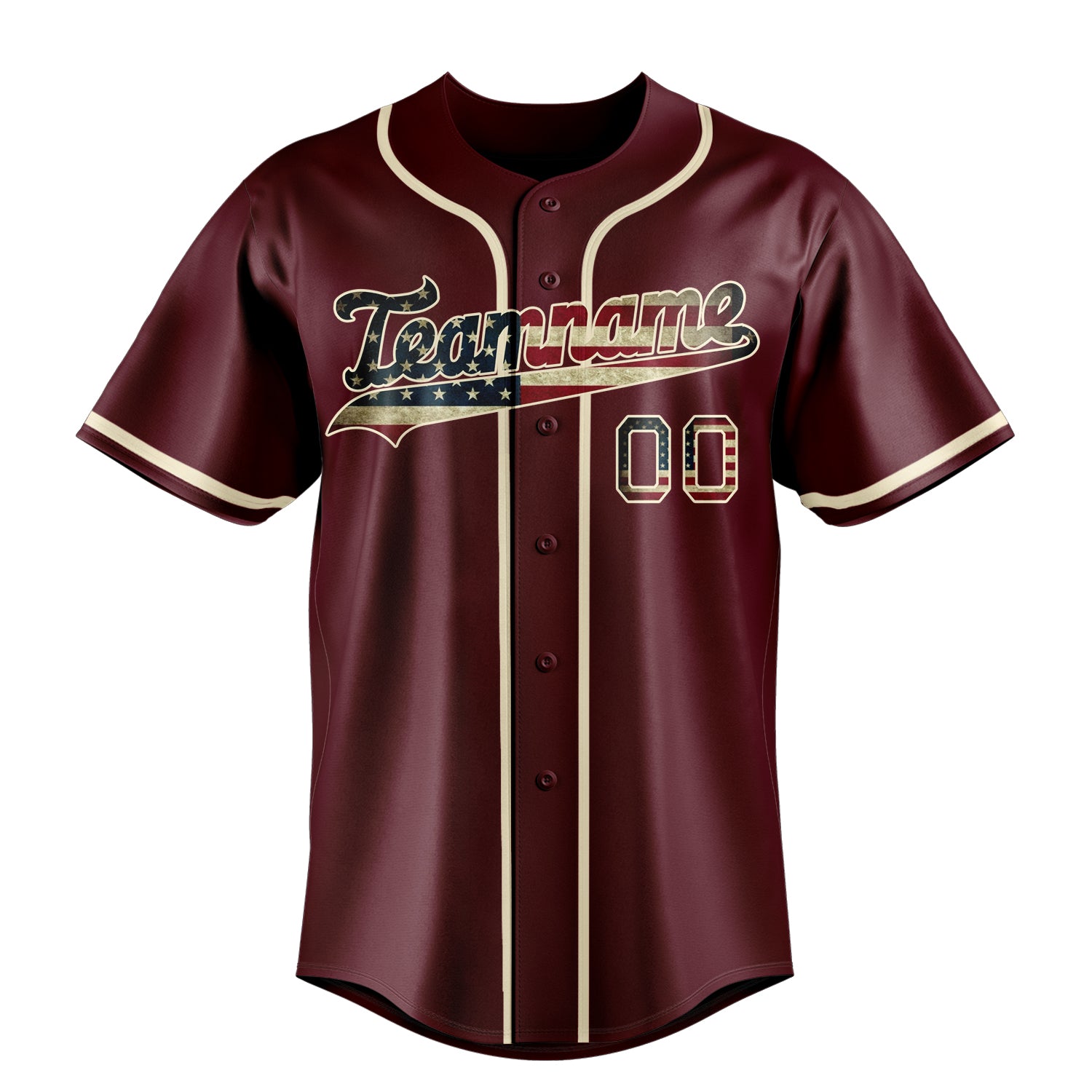 Personalized Burgundy & Cream Vintage USA Flag Fan Baseball Jersey