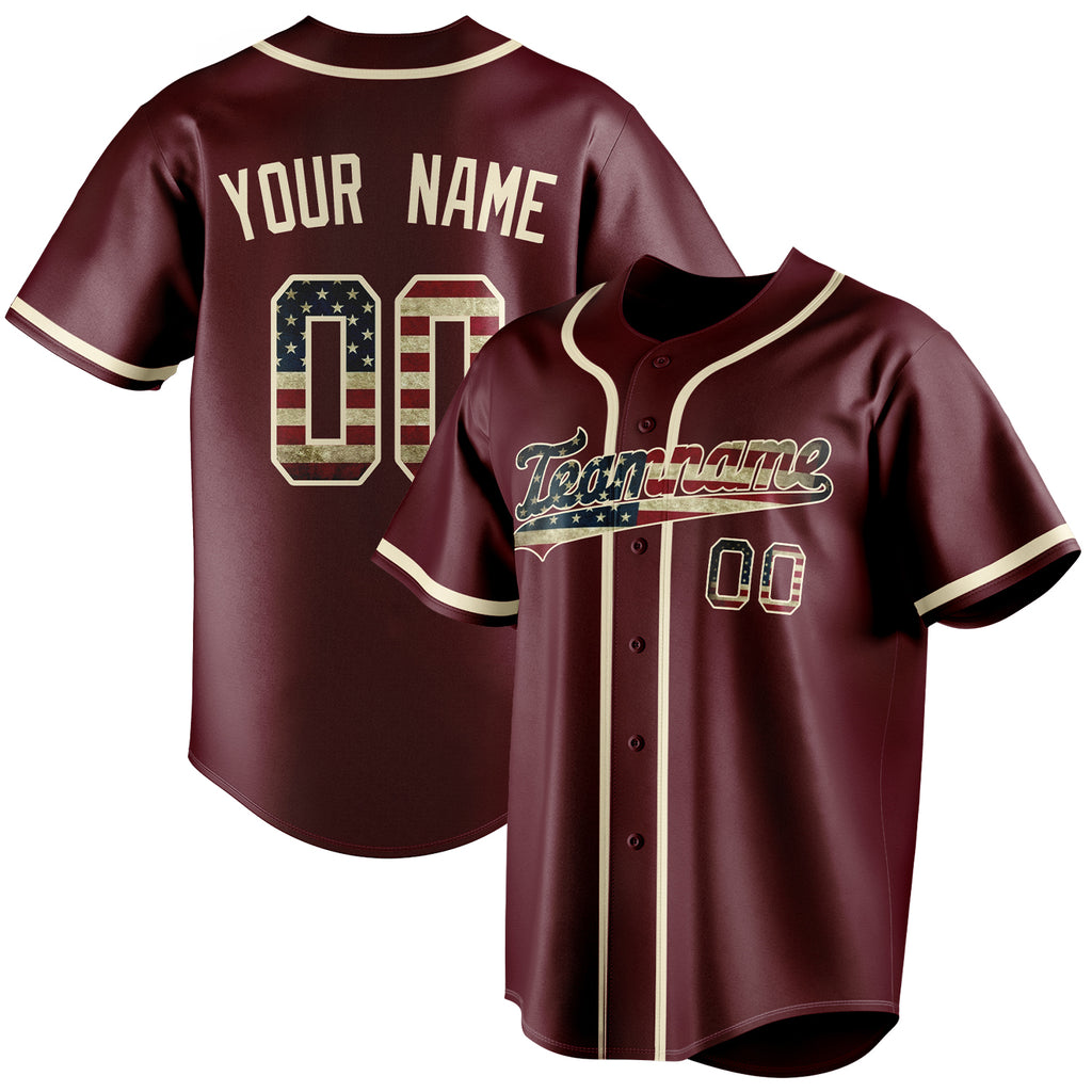 Personalized Burgundy & Cream Vintage USA Flag Fan Baseball Jersey BB01240528CK100