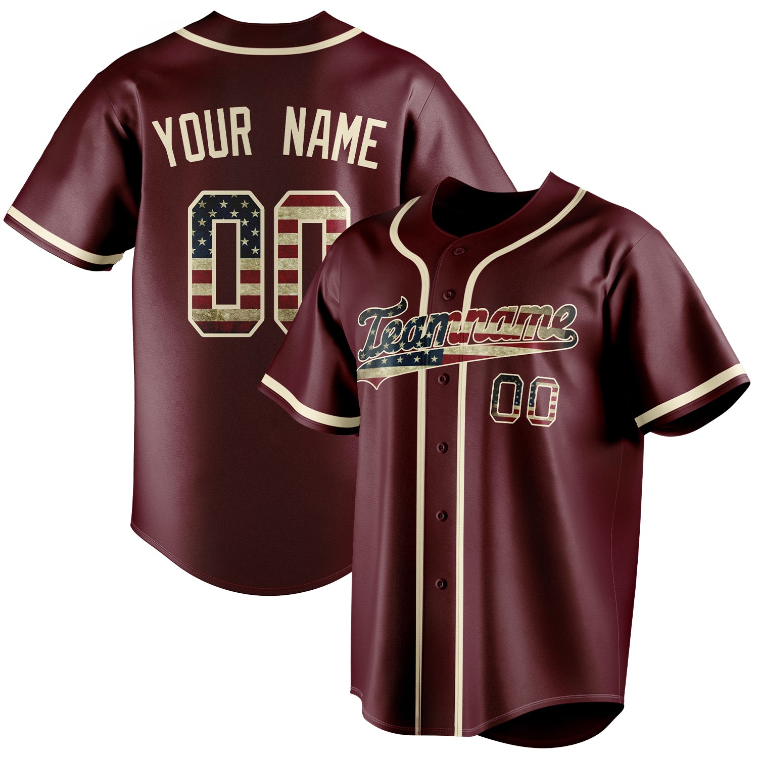 Personalized Burgundy & Cream Vintage USA Flag Fan Baseball Jersey BB01240528CK100