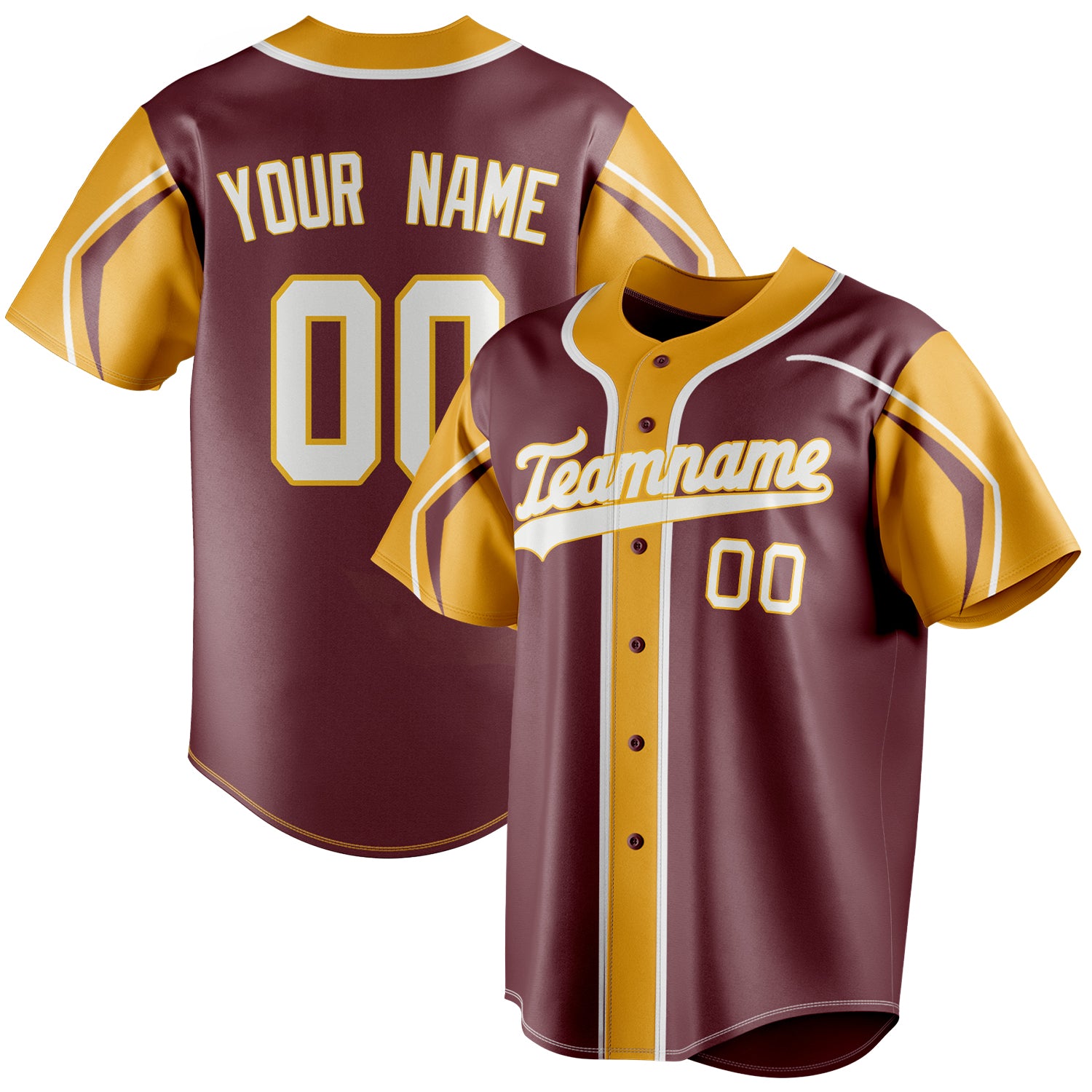 Personalized Burgundy & Gold 3 Colors Arm Shapes Fan Baseball Jersey BB01240528CK104