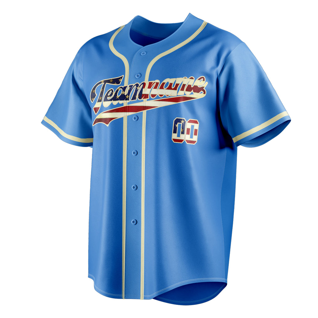 Personalized Electric Blue & Cream Vintage USA Flag Fan Baseball Jersey