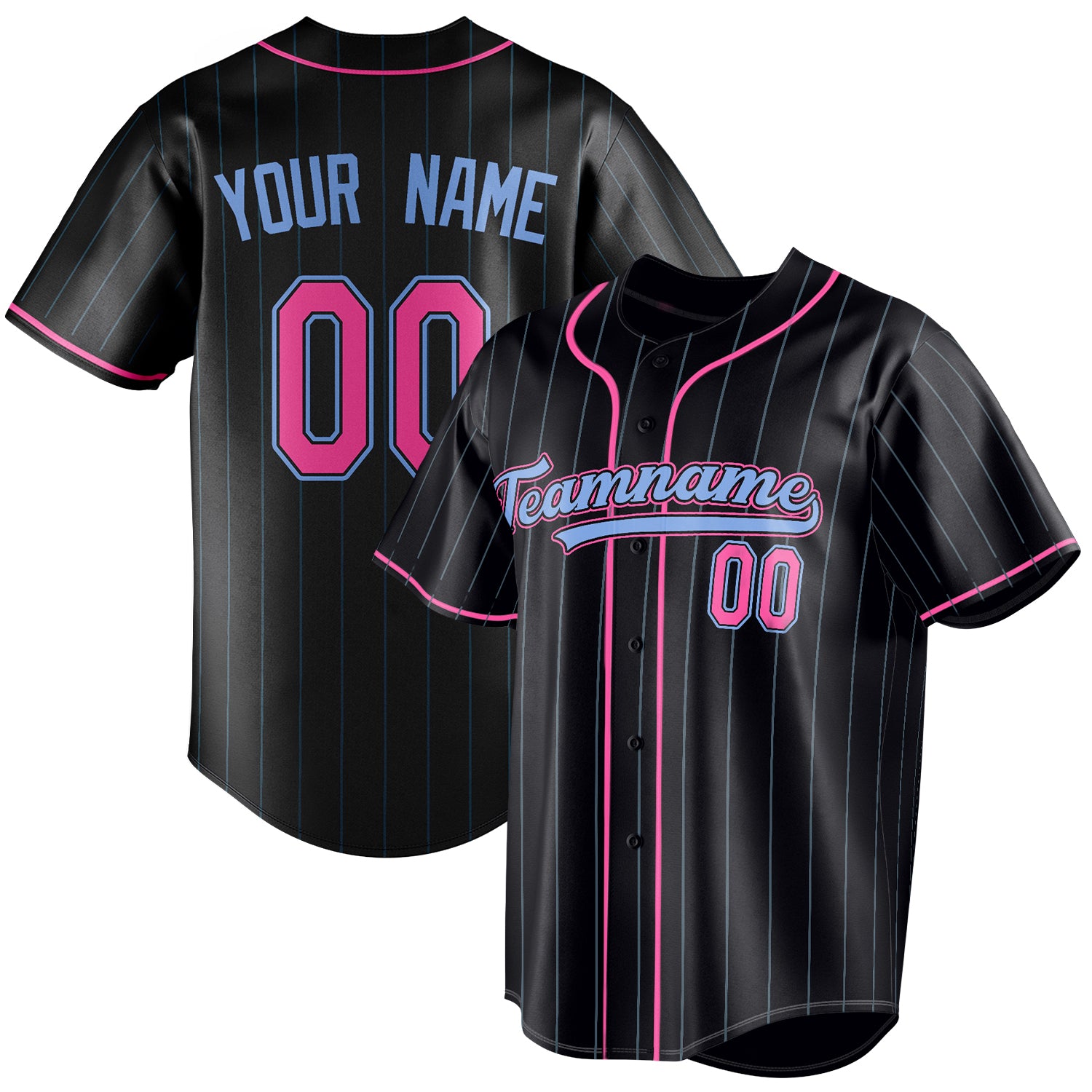 Personalized Black & Pink Ligeht Blue Pinstripe Fan Baseball Jersey BB01240528YX195