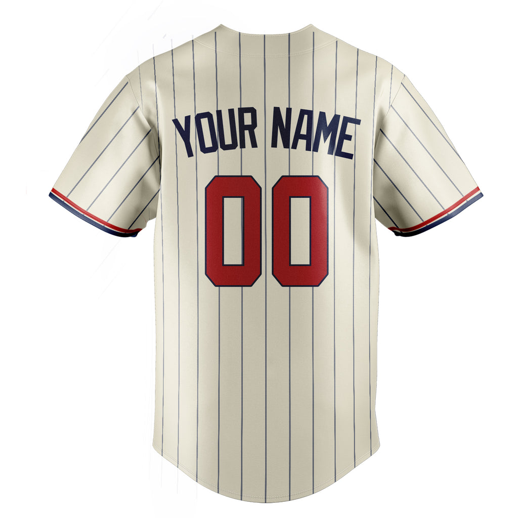 Personalized Cream & Red Navy Pinstripe Fan Baseball Jersey
