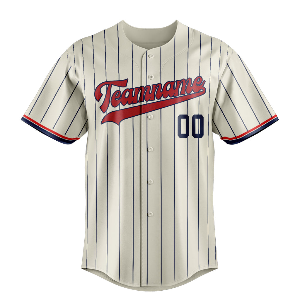 Personalized Cream & Red Navy Pinstripe Fan Baseball Jersey