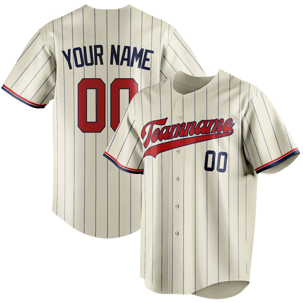 Personalized Cream & Red Navy Pinstripe Fan Baseball Jersey BB01240529YX207