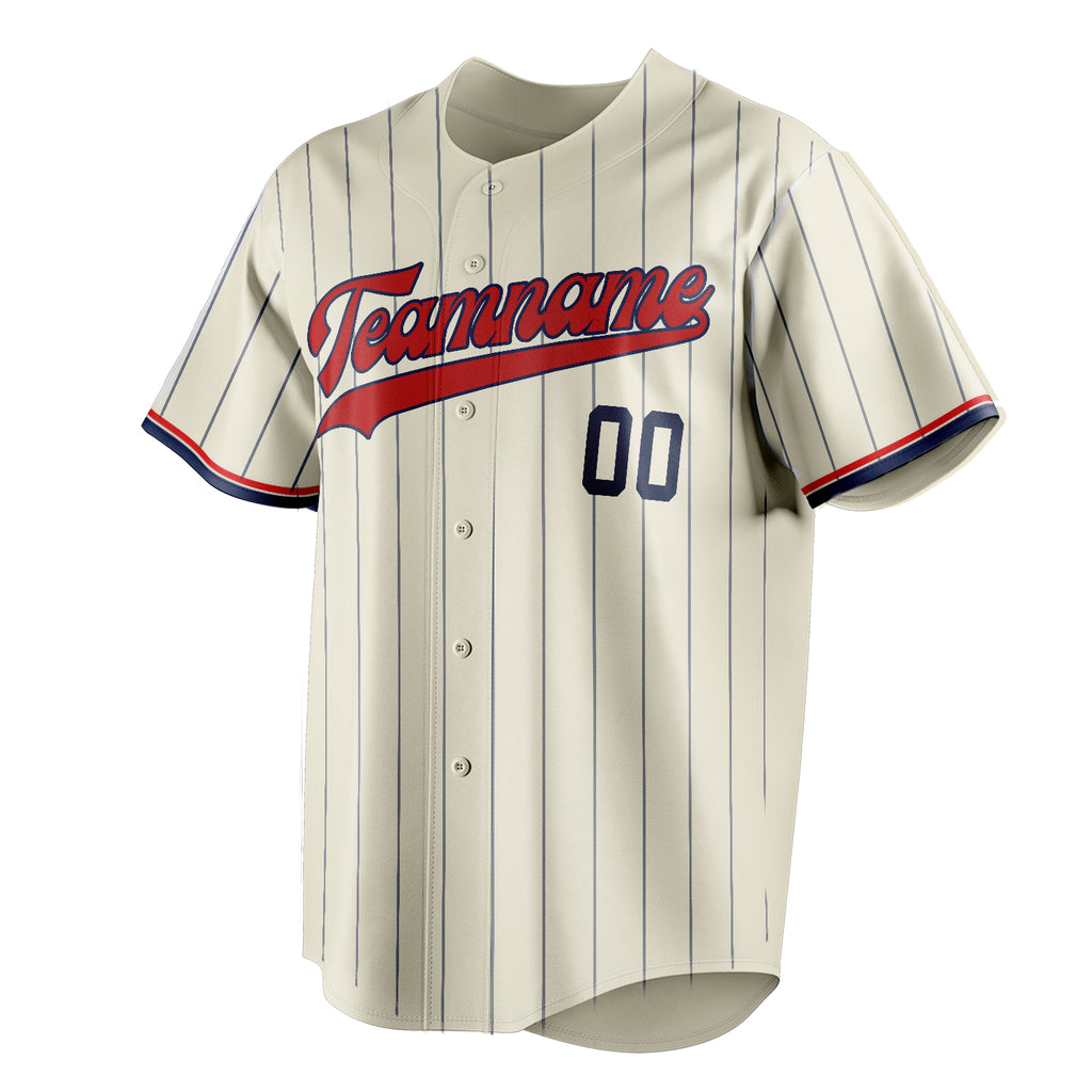 Personalized Cream & Red Navy Pinstripe Fan Baseball Jersey