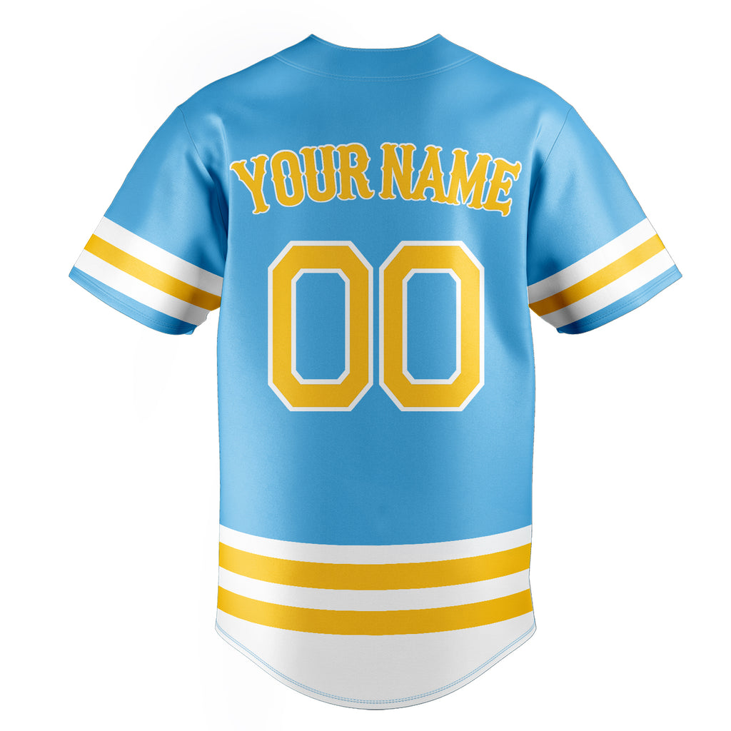 Personalized Sky Blue & Yellow Double Stripe Fan Baseball Jersey