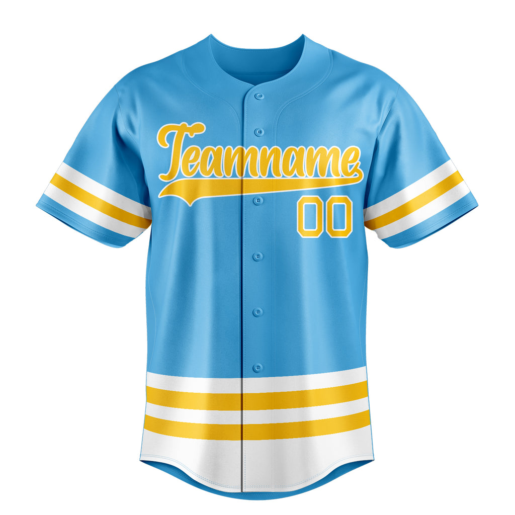 Personalized Sky Blue & Yellow Double Stripe Fan Baseball Jersey