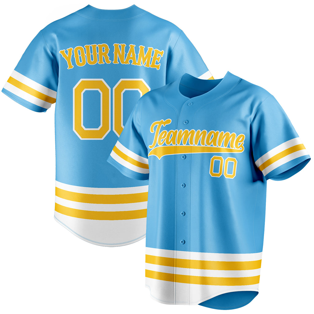 Personalized Sky Blue & Yellow Double Stripe Fan Baseball Jersey BB01240530WX305