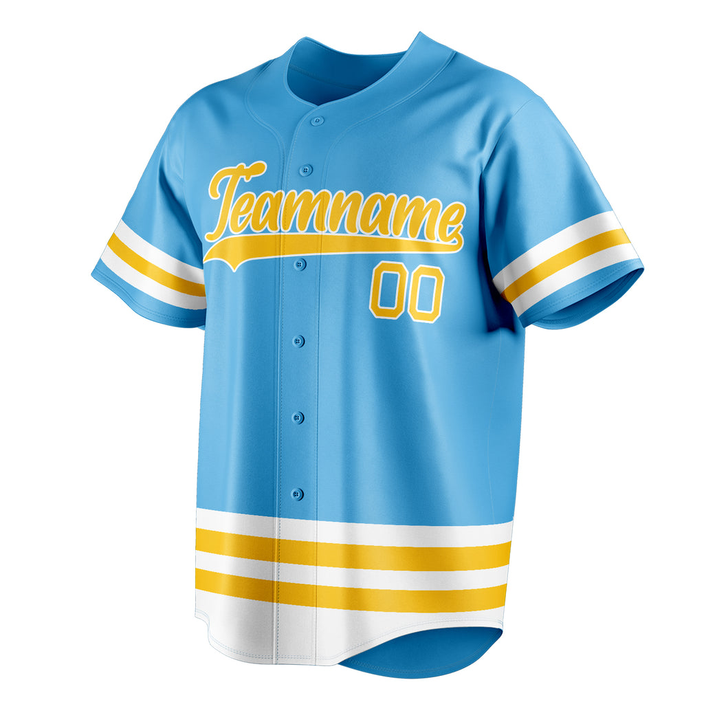 Personalized Sky Blue & Yellow Double Stripe Fan Baseball Jersey