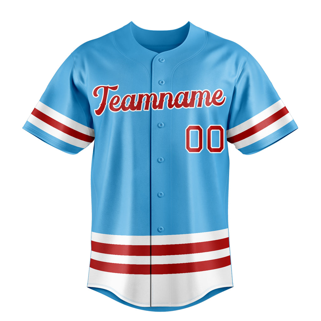 Personalized Sky Blue & Red Double Stripe Fan Baseball Jersey