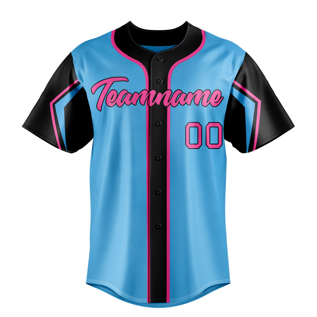 Personalized Sky Blue & Black 3 Colors Arm Shapes Fan Baseball Jersey
