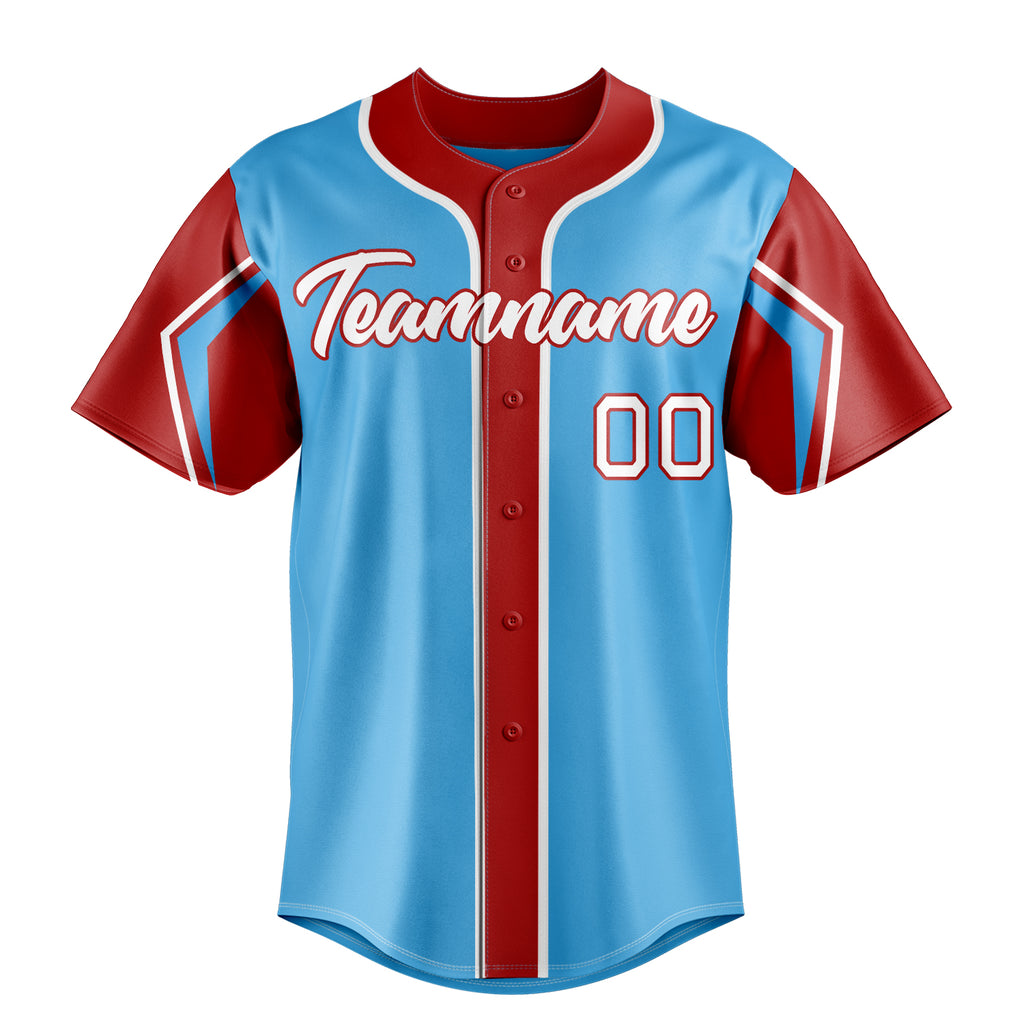 Personalized Sky Blue & Red 3 Colors Arm Shapes Fan Baseball Jersey
