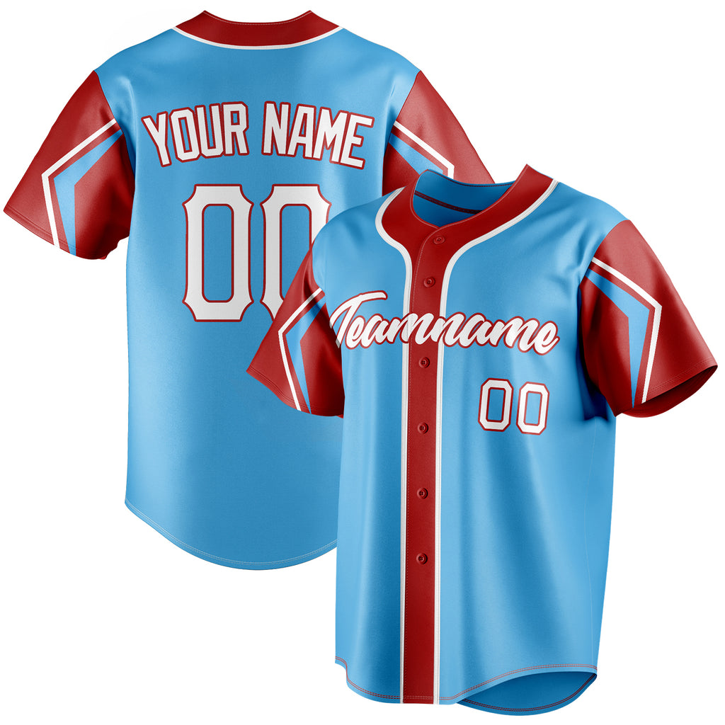 Personalized Sky Blue & Red 3 Colors Arm Shapes Fan Baseball Jersey BB01240530WX308