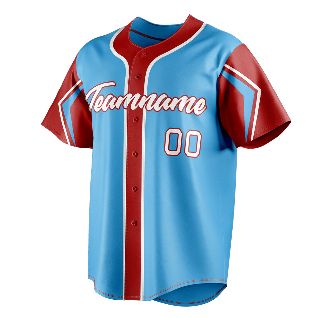 Personalized Sky Blue & Red 3 Colors Arm Shapes Fan Baseball Jersey