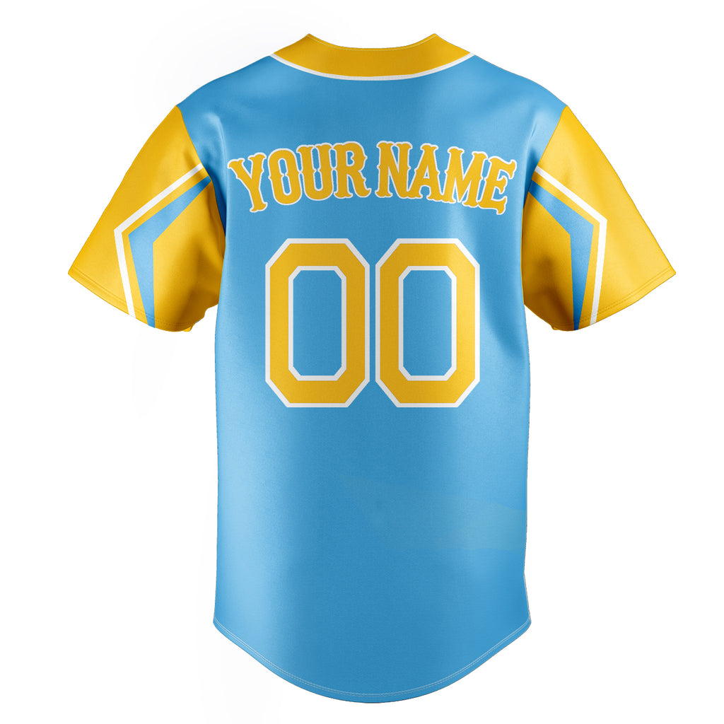Personalized Sky Blue & Yellow 3 Colors Arm Shapes Fan Baseball Jersey