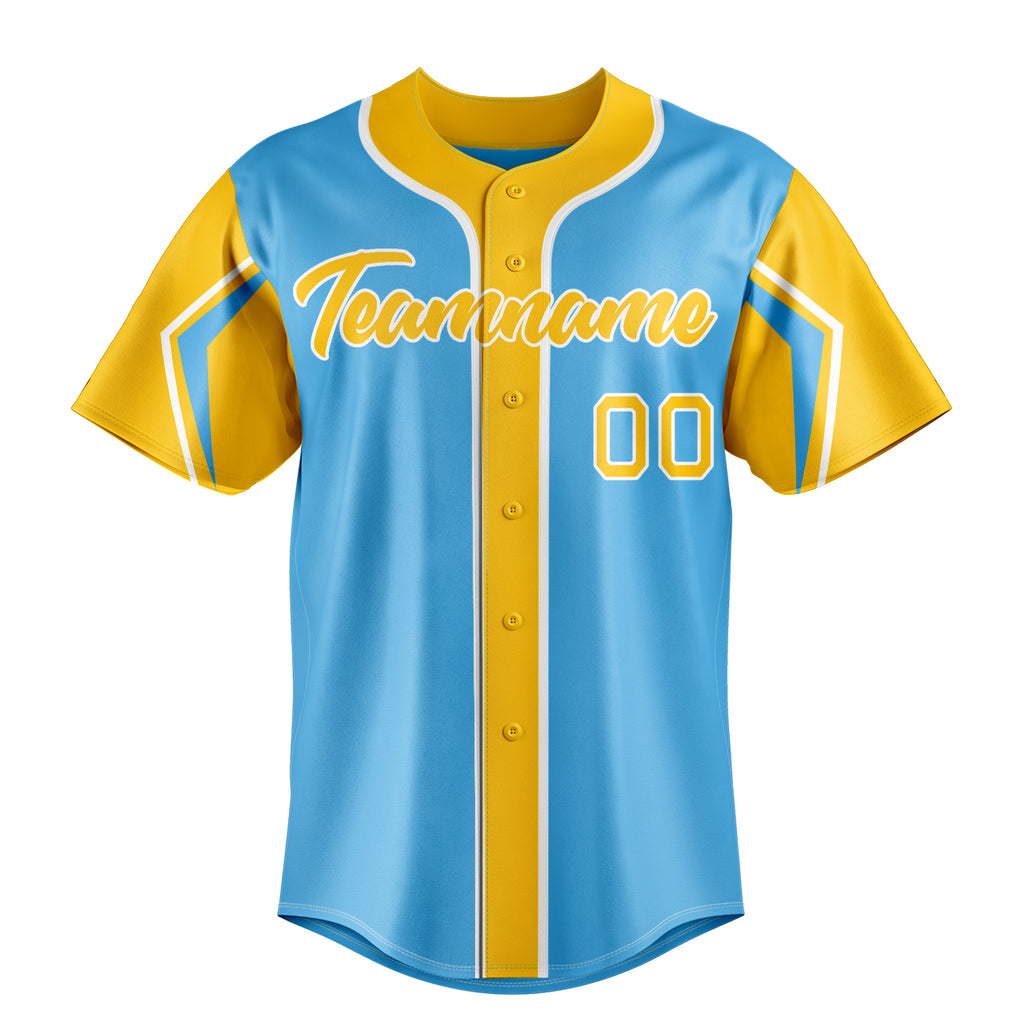 Personalized Sky Blue & Yellow 3 Colors Arm Shapes Fan Baseball Jersey