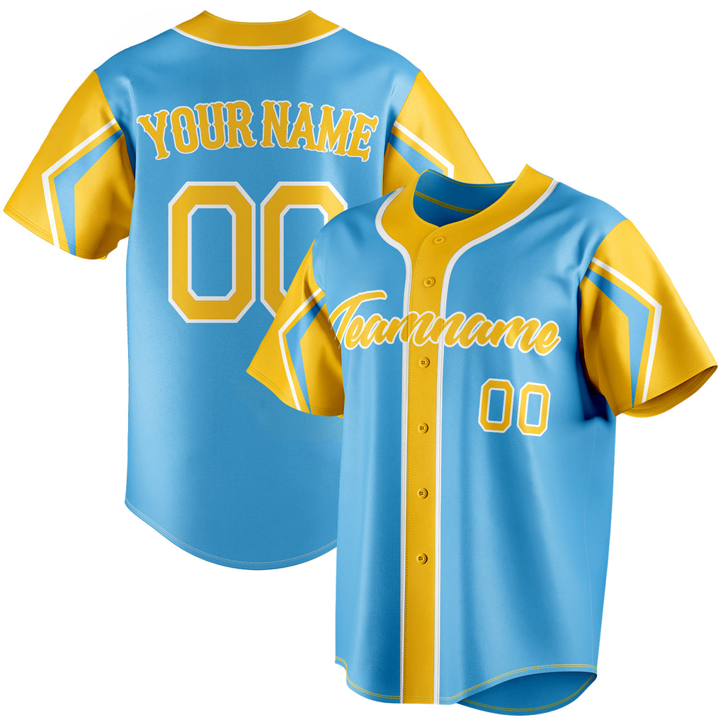 Personalized Sky Blue & Yellow 3 Colors Arm Shapes Fan Baseball Jersey BB01240530WX309
