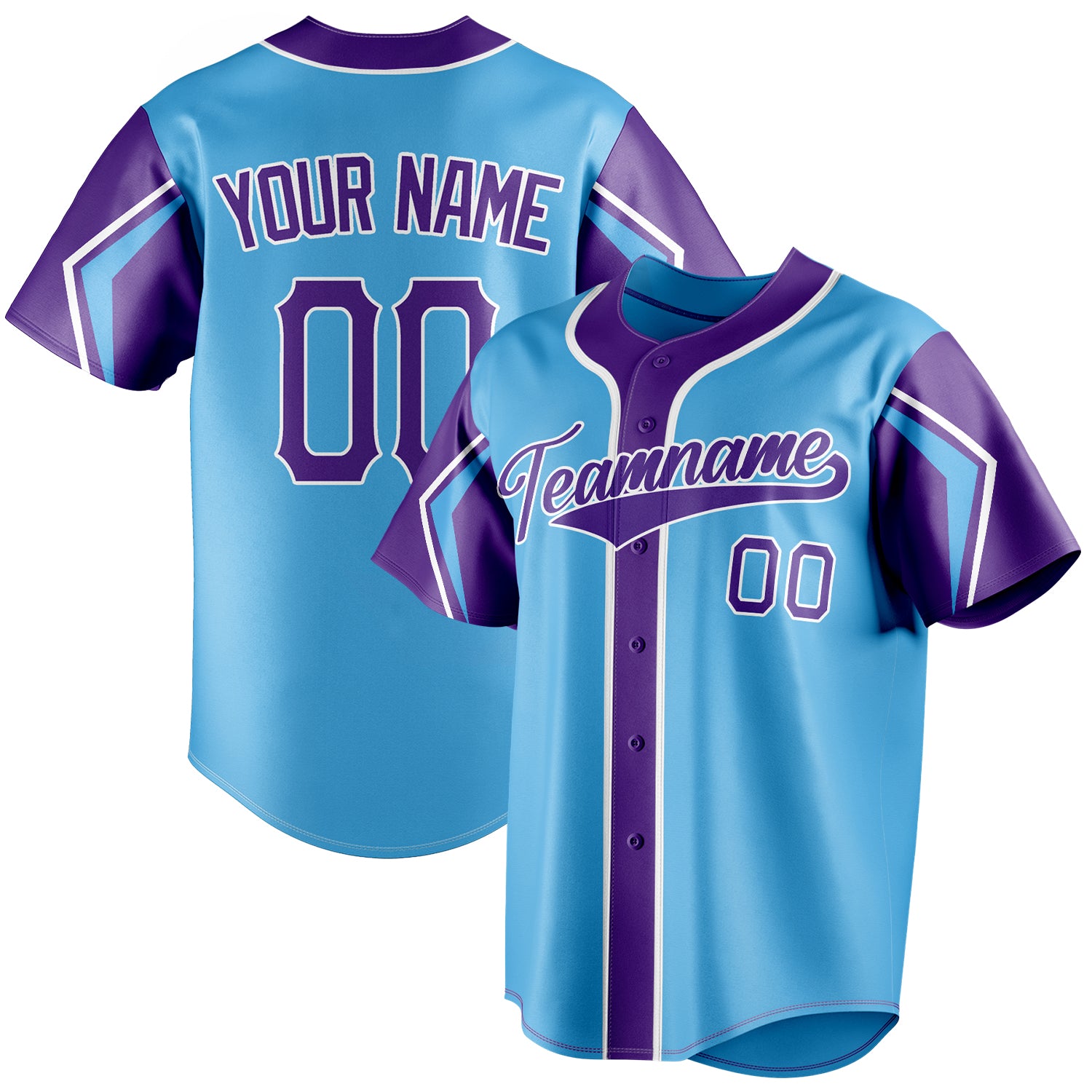 Personalized Sky Blue & Purple 3 Colors Arm Shapes Fan Baseball Jersey BB01240530WX312