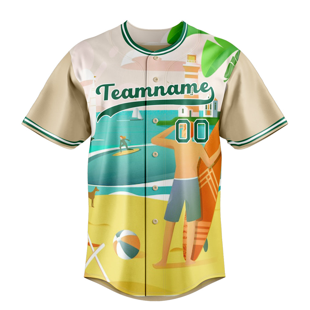Personalized Sand & Green 3D Pattern Tropical Beach Hawaii Palm Fan Baseball Jersey
