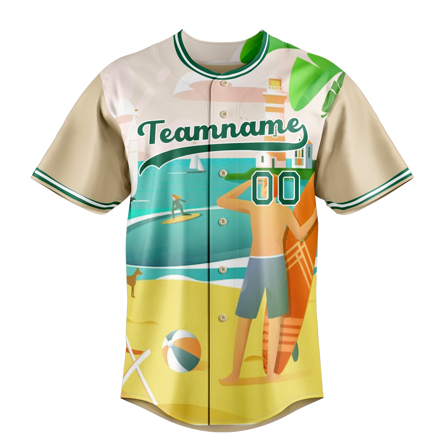 Personalized Sand & Green 3D Pattern Tropical Beach Hawaii Palm Fan Baseball Jersey