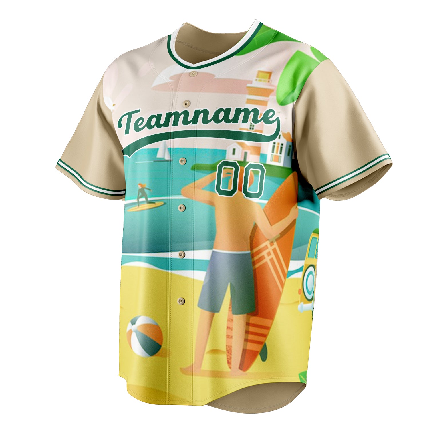 Personalized Sand & Green 3D Pattern Tropical Beach Hawaii Palm Fan Baseball Jersey