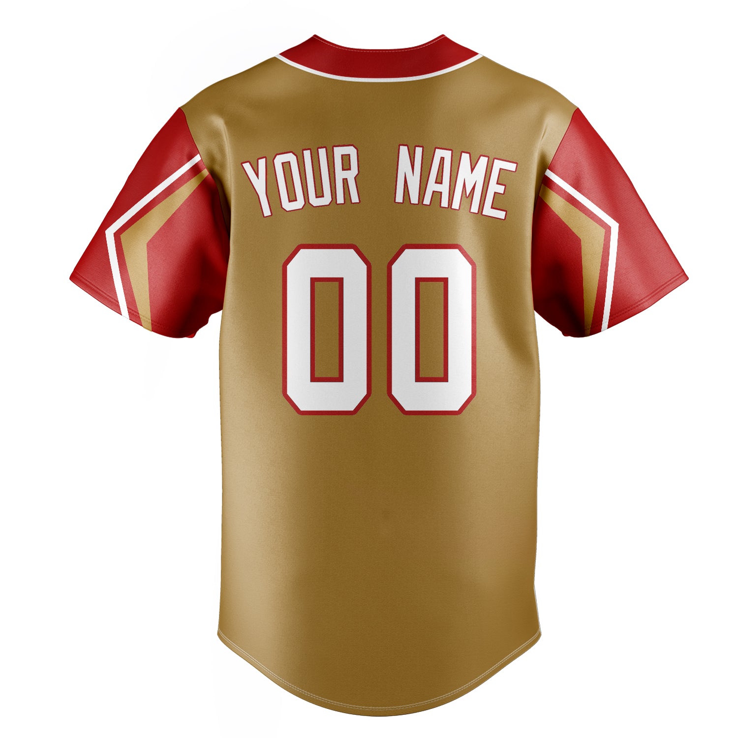 Personalized Old Gold & Red 3 Colors Arm Shapes Fan Baseball Jersey