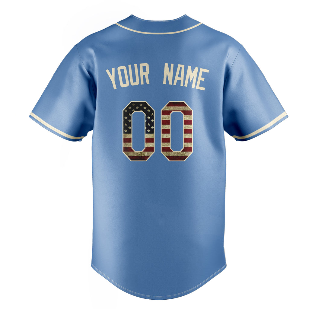 Personalized Light Blue & Cream Vintage USA Flag Fan Baseball Jersey
