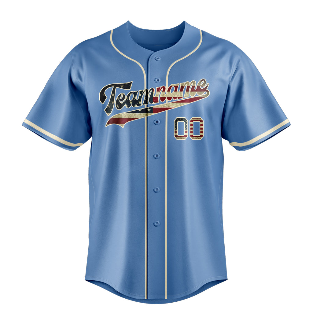 Personalized Light Blue & Cream Vintage USA Flag Fan Baseball Jersey