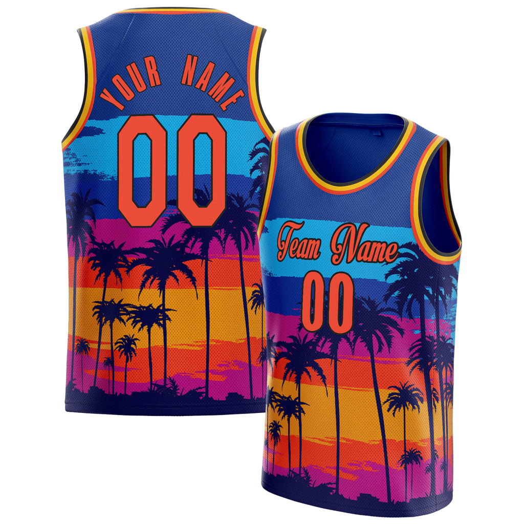 Personalized Royal & Orange Tropical Hawaii Palm Leaves Basketball Jersey