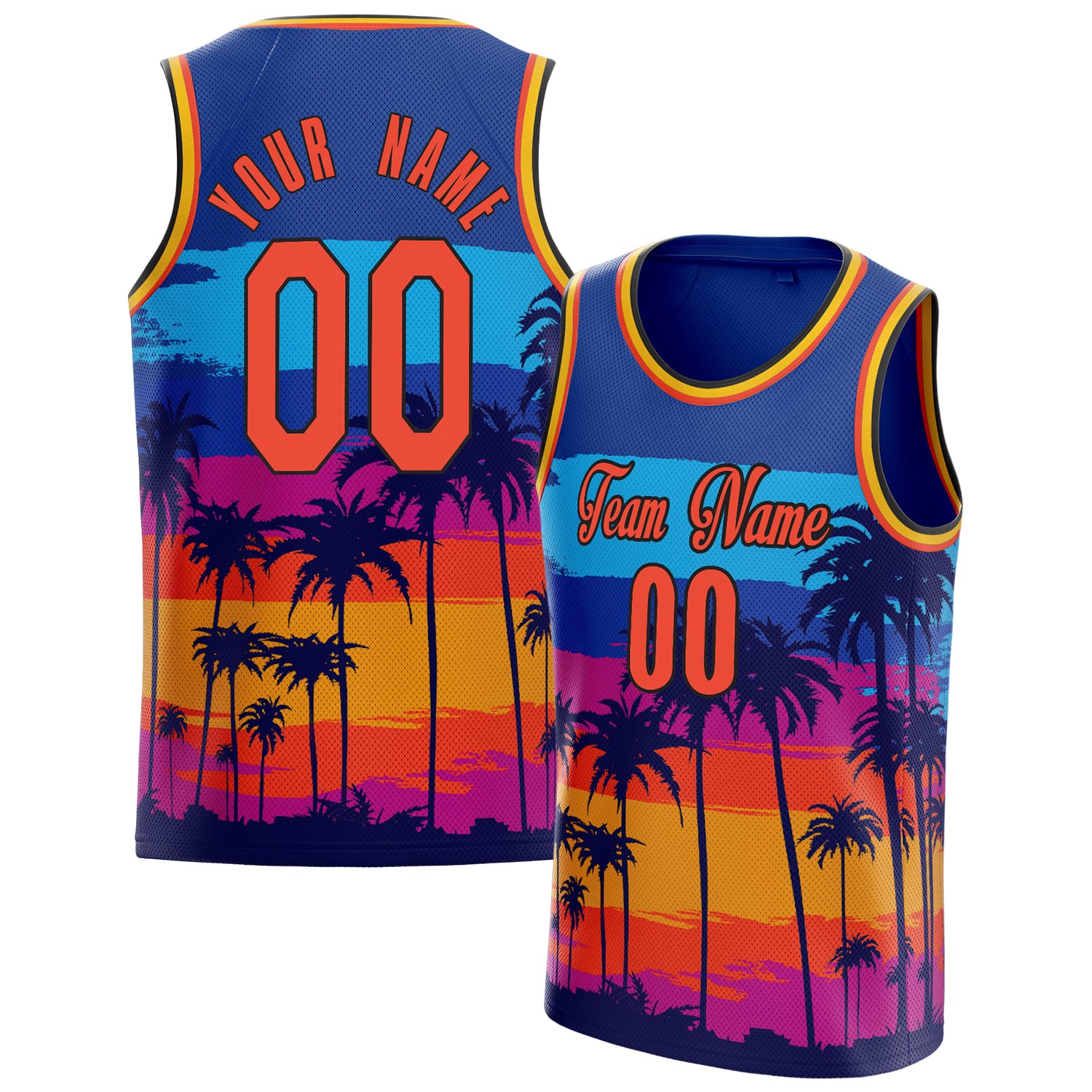 Personalized Royal & Orange Tropical Hawaii Palm Leaves Basketball Jersey