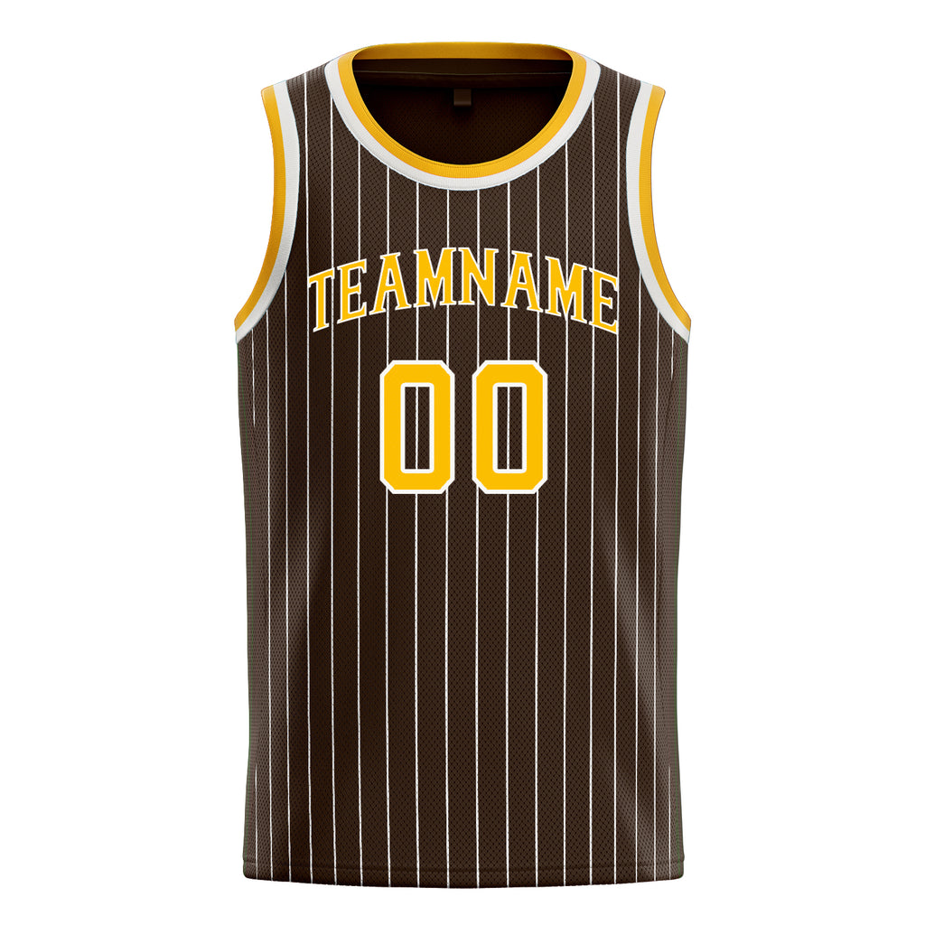 Personalized Brown & Gold White Pinstripe Basketball Jersey