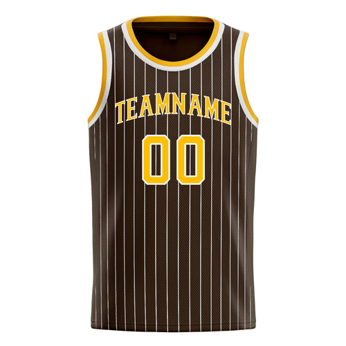 Personalized Brown & Gold White Pinstripe Basketball Jersey