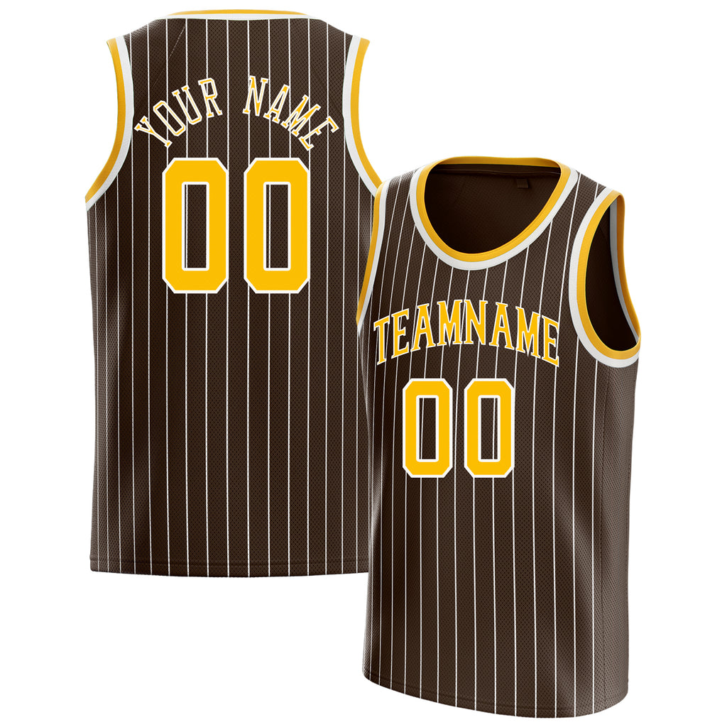 Personalized Brown & Gold White Pinstripe Basketball Jersey