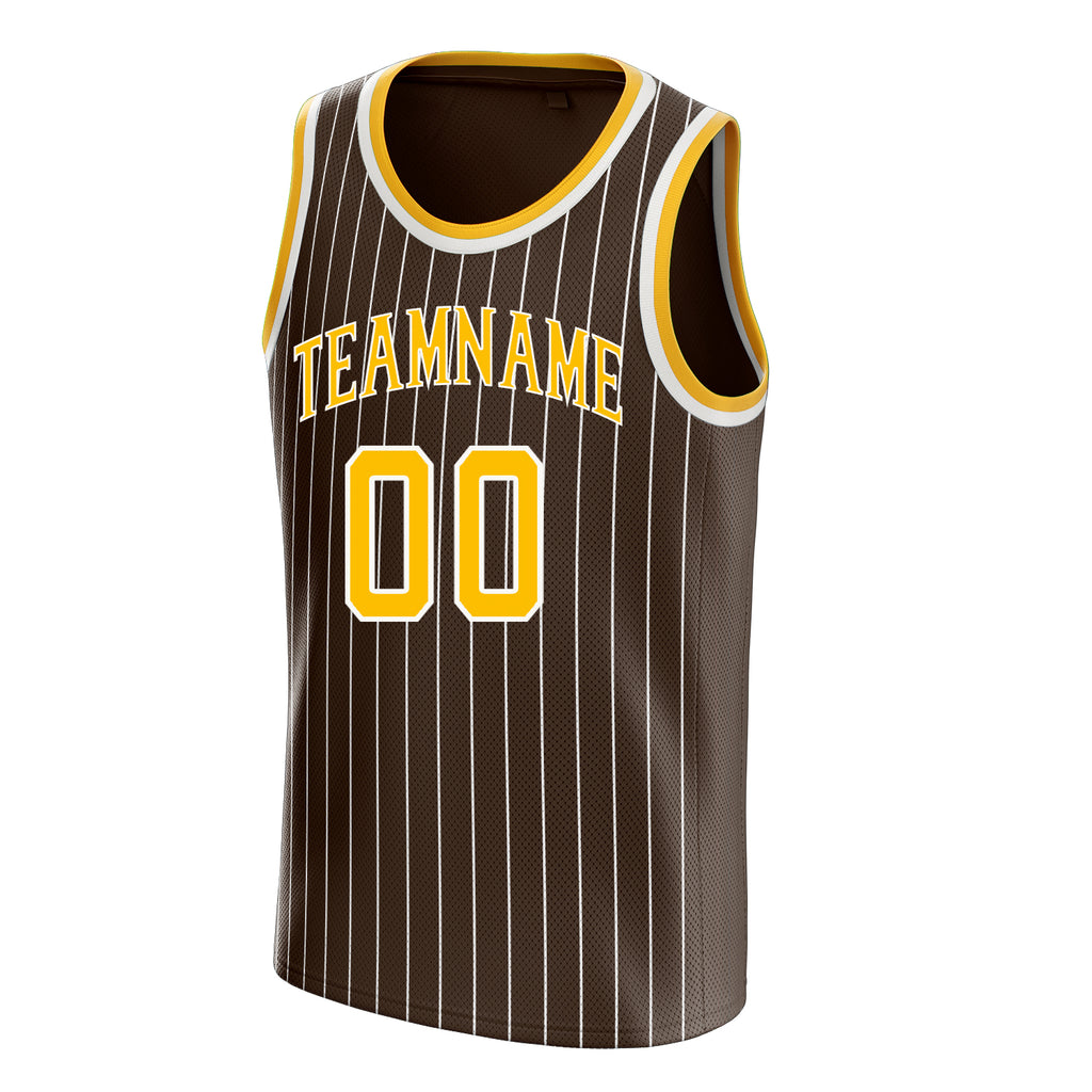 Personalized Brown & Gold White Pinstripe Basketball Jersey