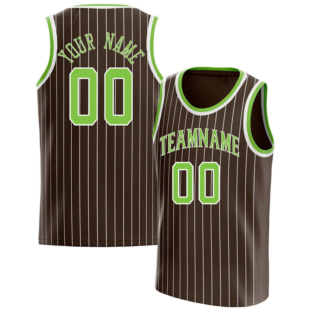 Personalized Brown & Neon Green White Pinstripe Basketball Jersey
