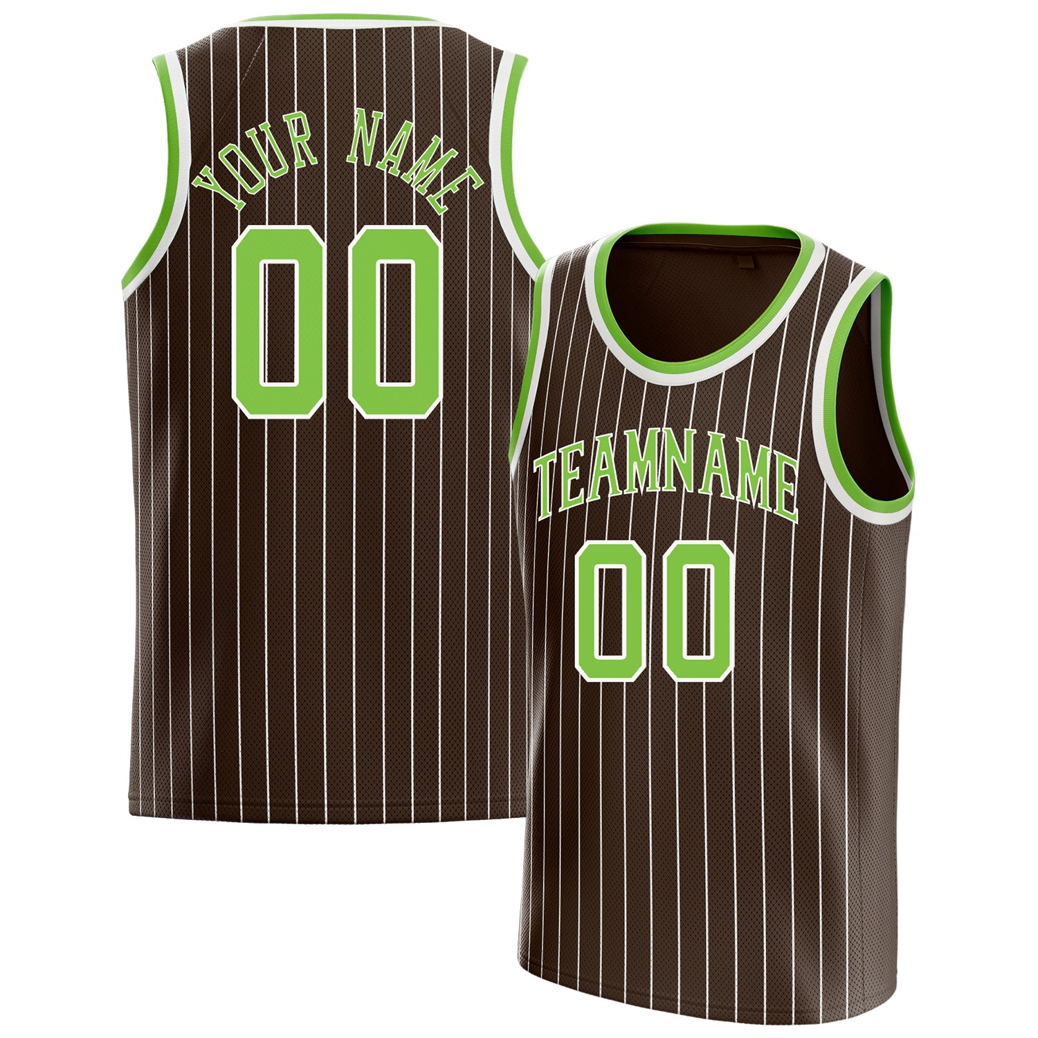 Personalized Brown & Neon Green White Pinstripe Basketball Jersey