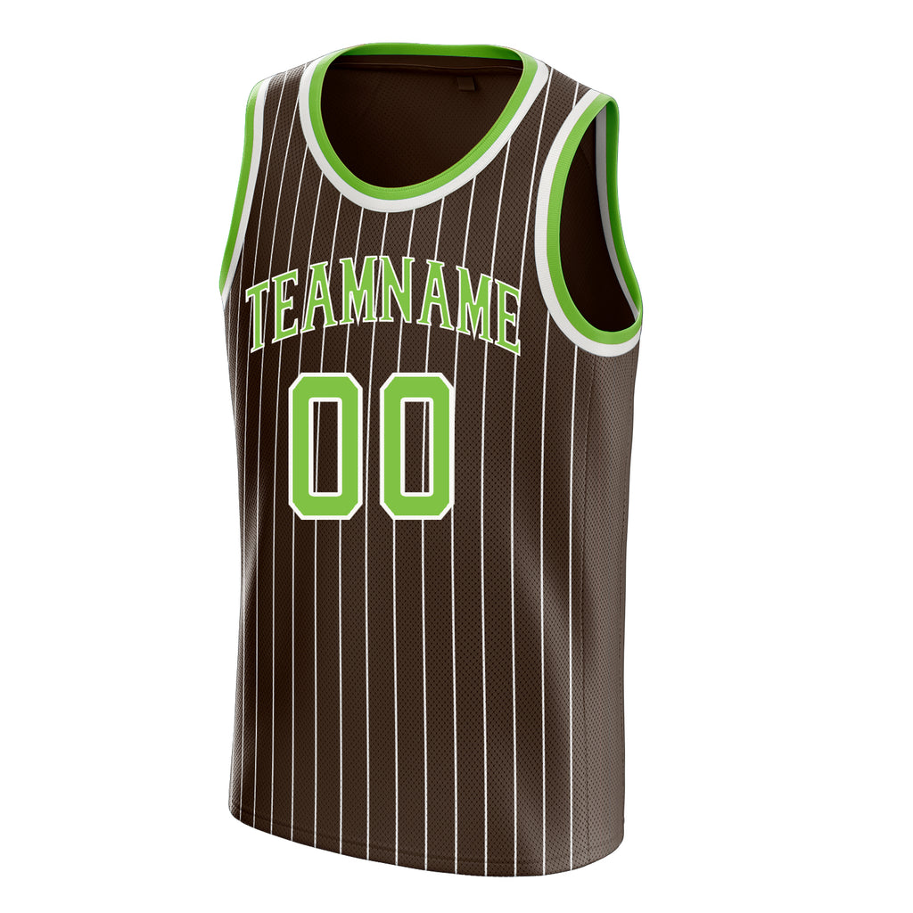 Personalized Brown & Neon Green White Pinstripe Basketball Jersey