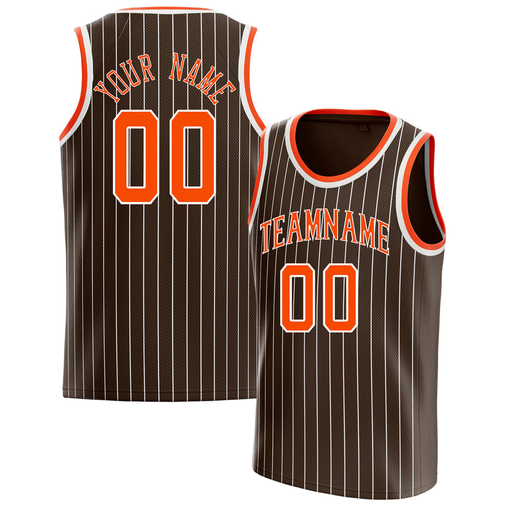 Personalized Brown & Orange White Pinstripe Basketball Jersey