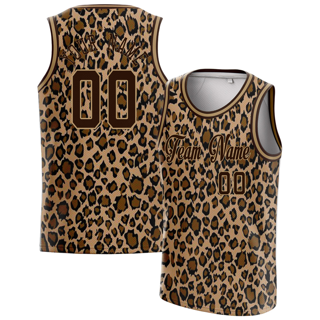 Personalized Brown & Old Gold Leopard Print Basketball Jersey