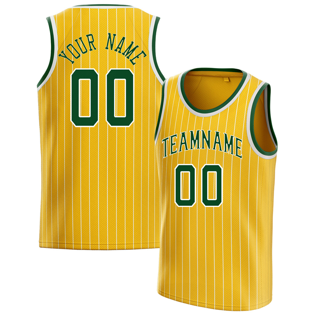 Personalized Gold & Kelly Green White Pinstripe Basketball Jersey