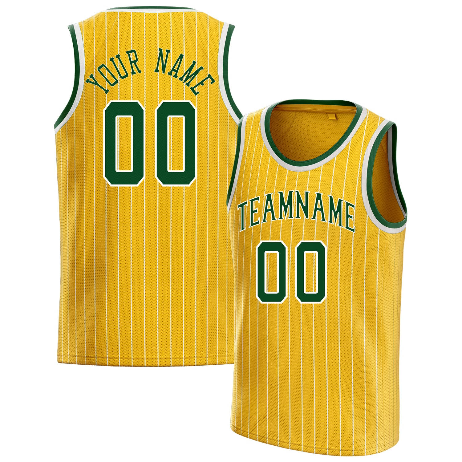 Personalized Gold & Kelly Green White Pinstripe Basketball Jersey