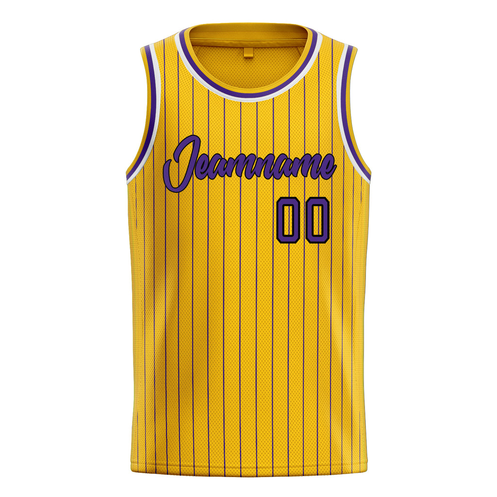 Personalized Gold & Purple Black Pinstripe Basketball Jersey