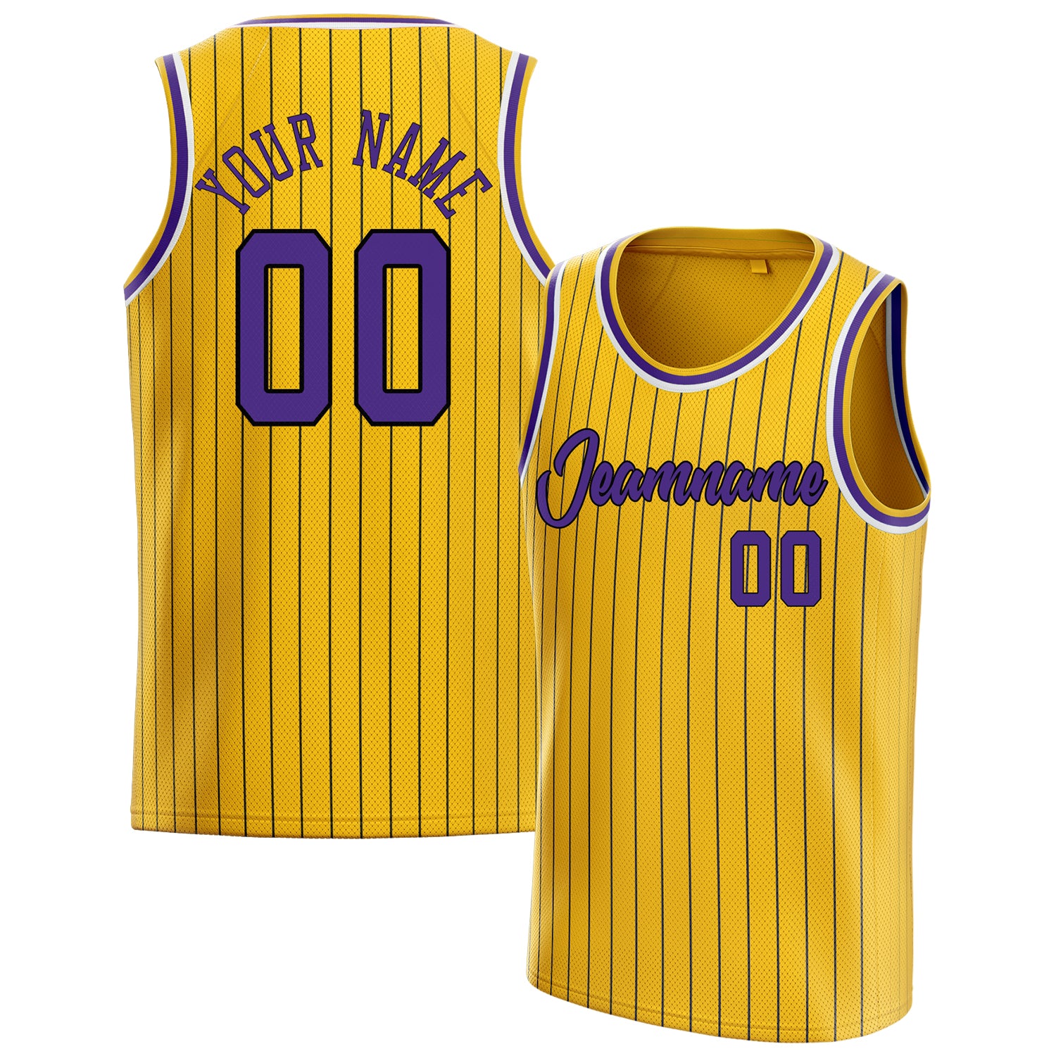 Personalized Gold & Purple Black Pinstripe Basketball Jersey