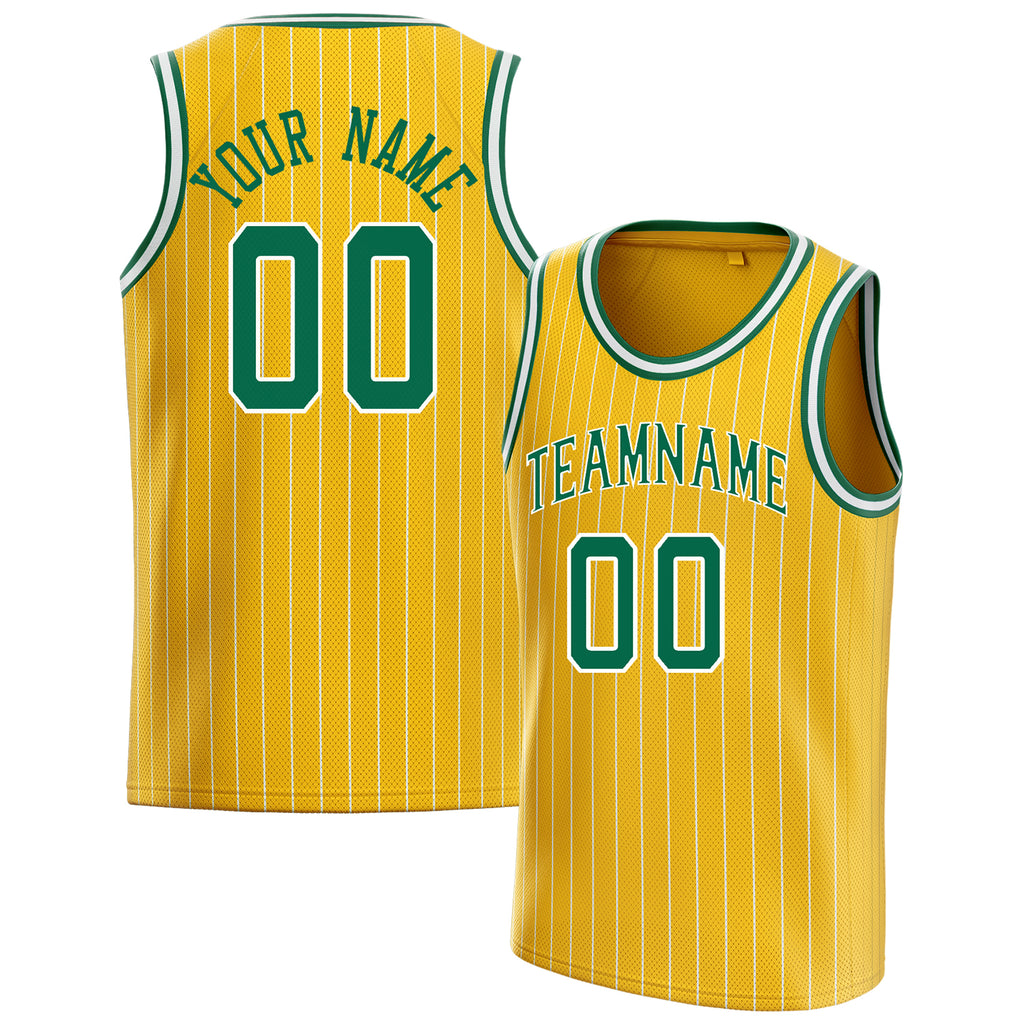 Personalized Gold & Kelly Green White Pinstripe Basketball Jersey