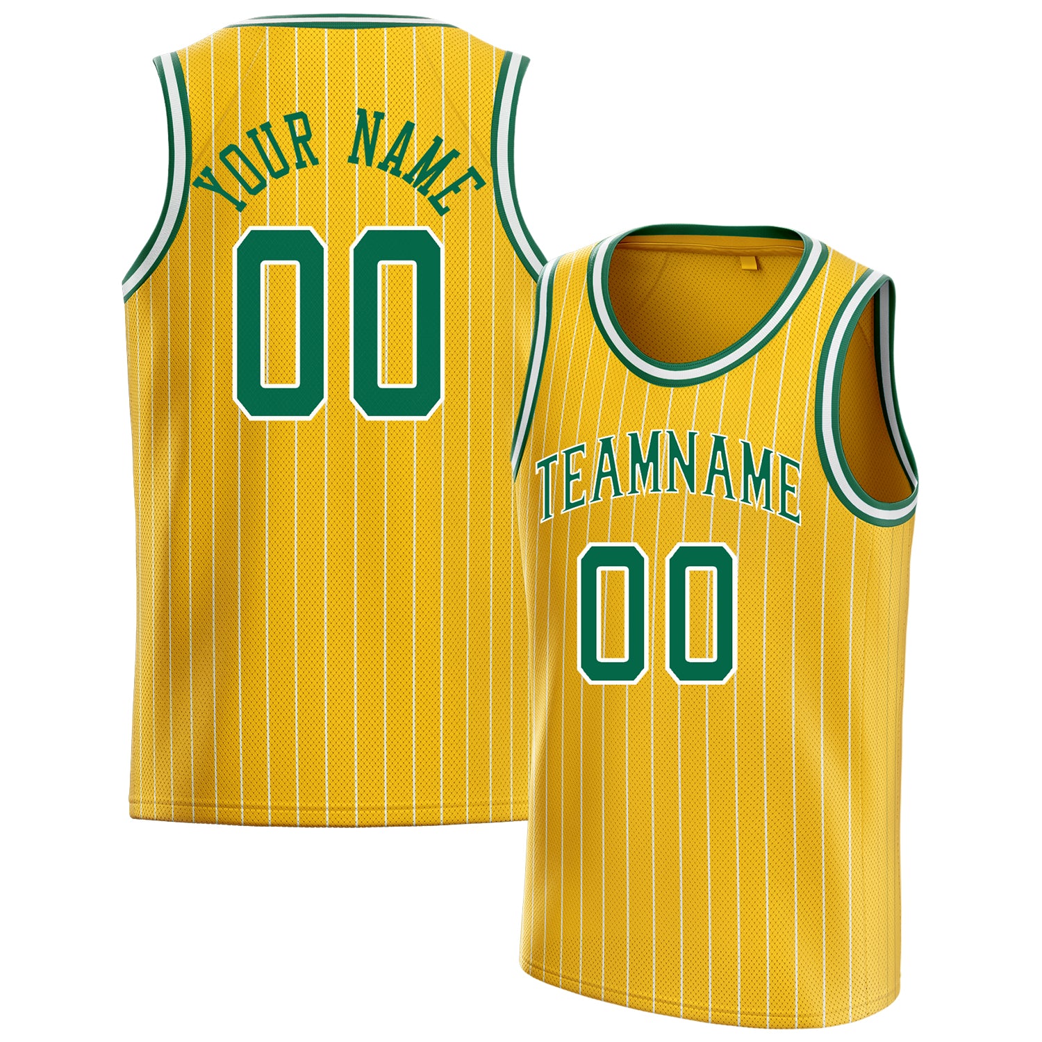 Personalized Gold & Kelly Green White Pinstripe Basketball Jersey