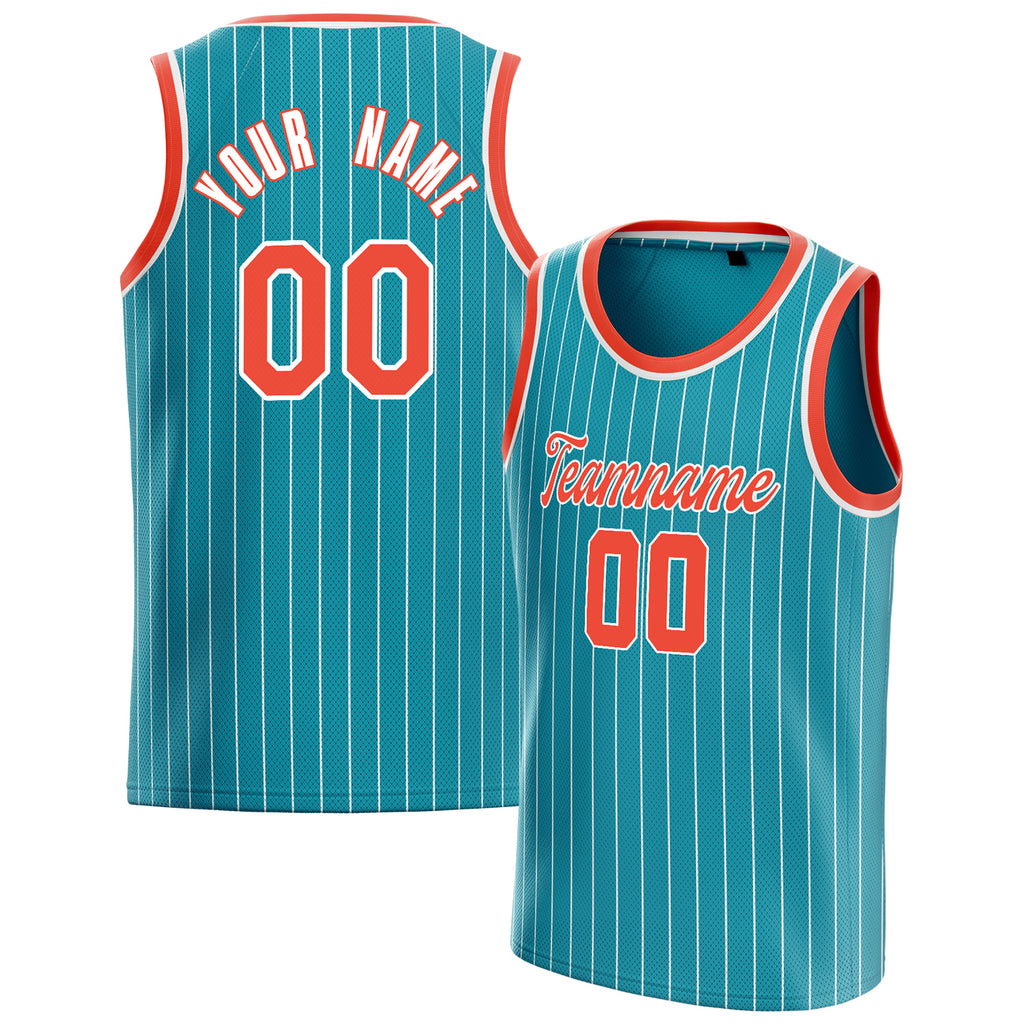 Personalized Teal & Orange White Pinstripe Basketball Jersey