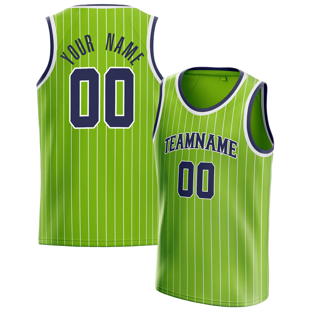 Personalized Neon Green & Navy White Pinstripe Basketball Jersey