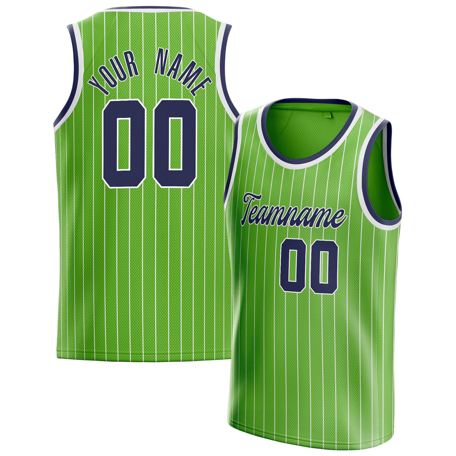 Personalized Neon Green & Navy White Pinstripe Basketball Jersey